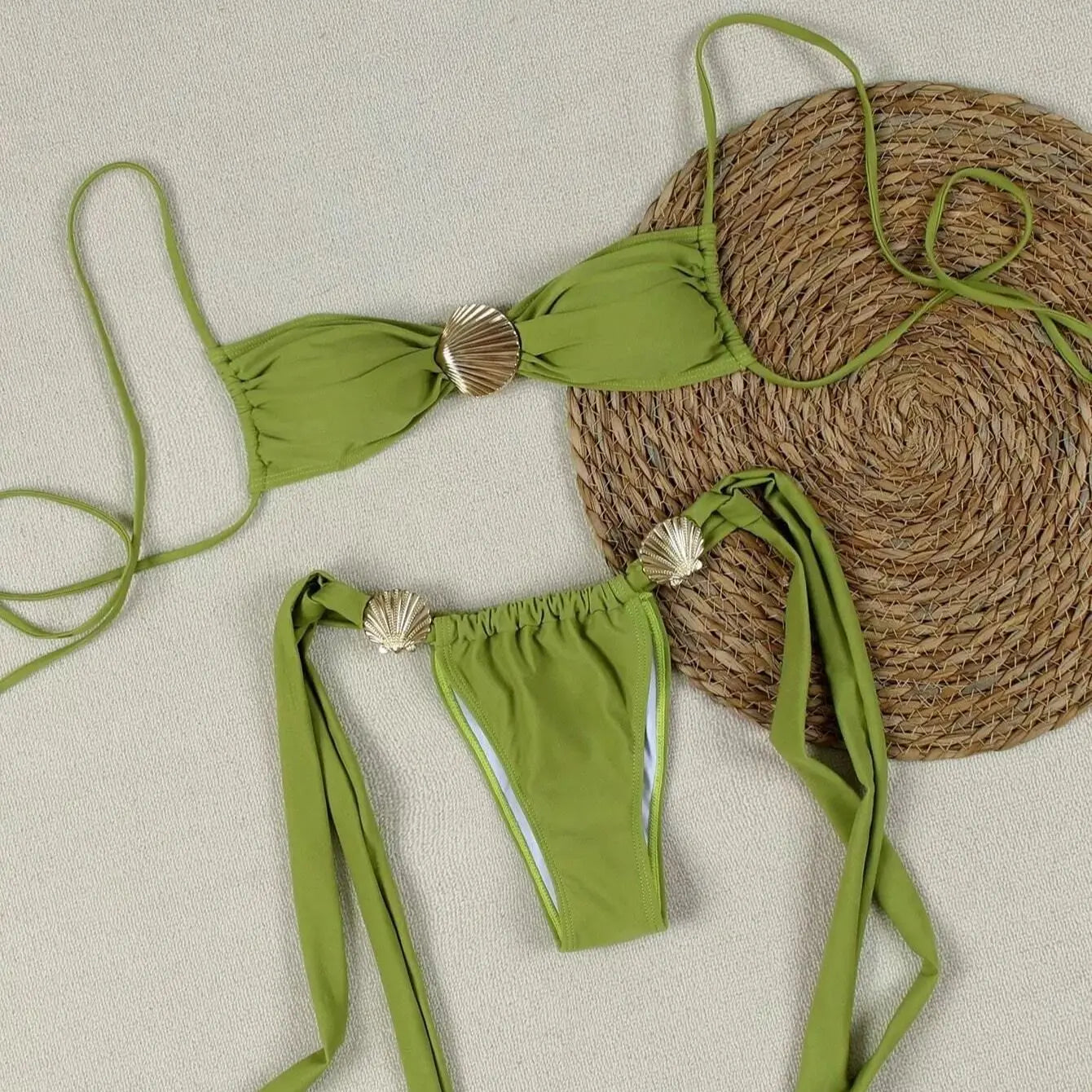 DEKA Women Brazilian Metal Shell Bikini Set Ornament Swimwear String Micro Bikini Thong Swimsuit Knotted Bathing Suit Biqui