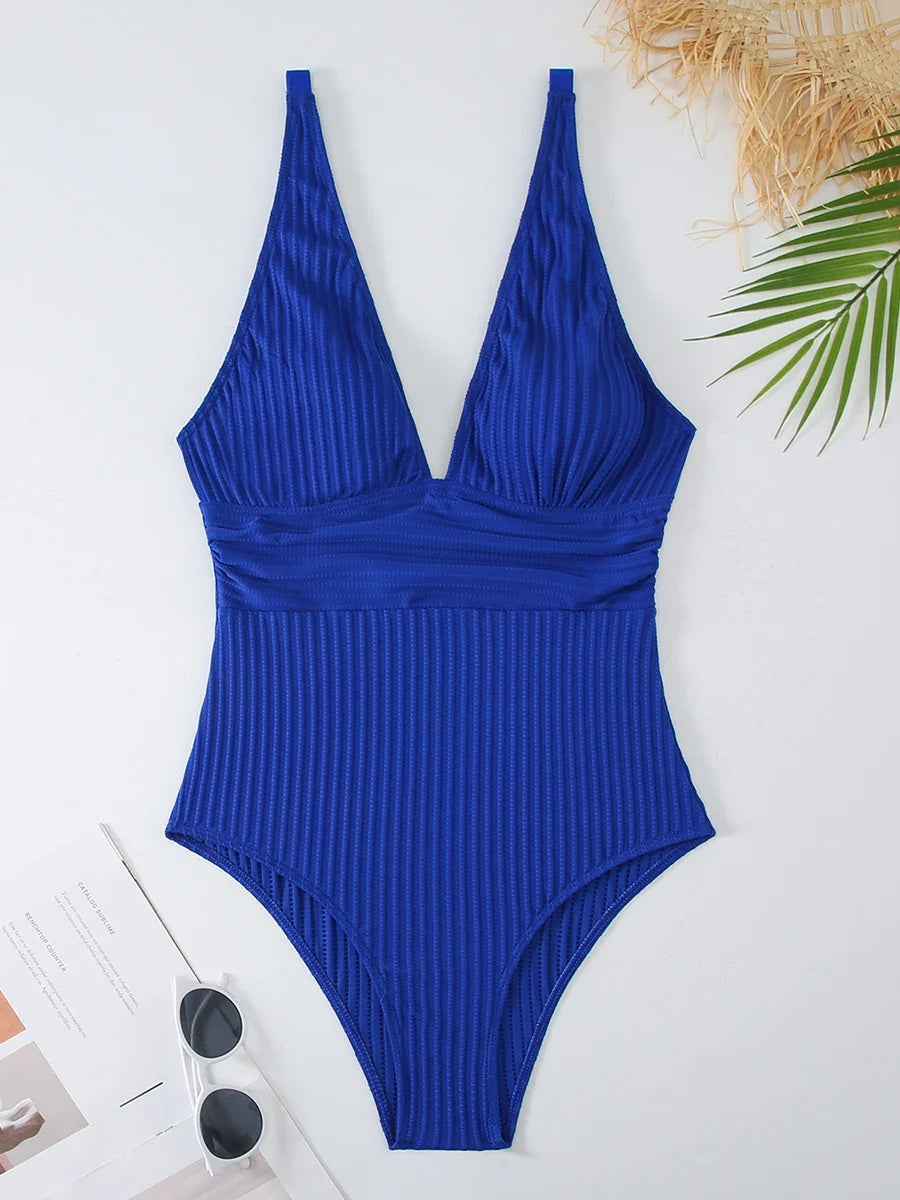 2026 V Neck Swimsuit One Piece Solid Vintage Swimwear Women One-piece Bathing Suit Female Padded Beach Wear Swimming Beachwear