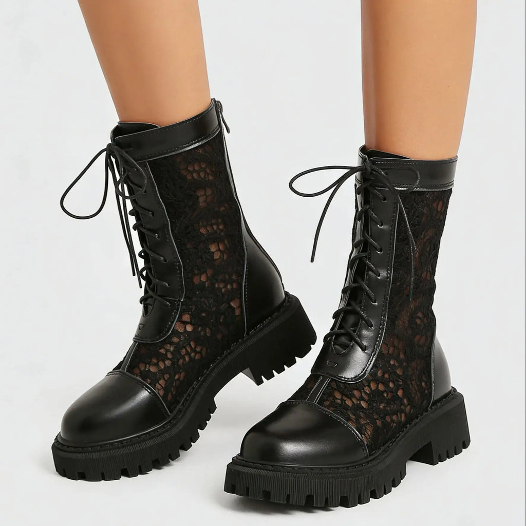 2026 New Big Size 45 Chic Black Lace Mesh Summer Boots Women Round Toe Square Heels Shoelace Zip-up Mid-calf Boots Shoes