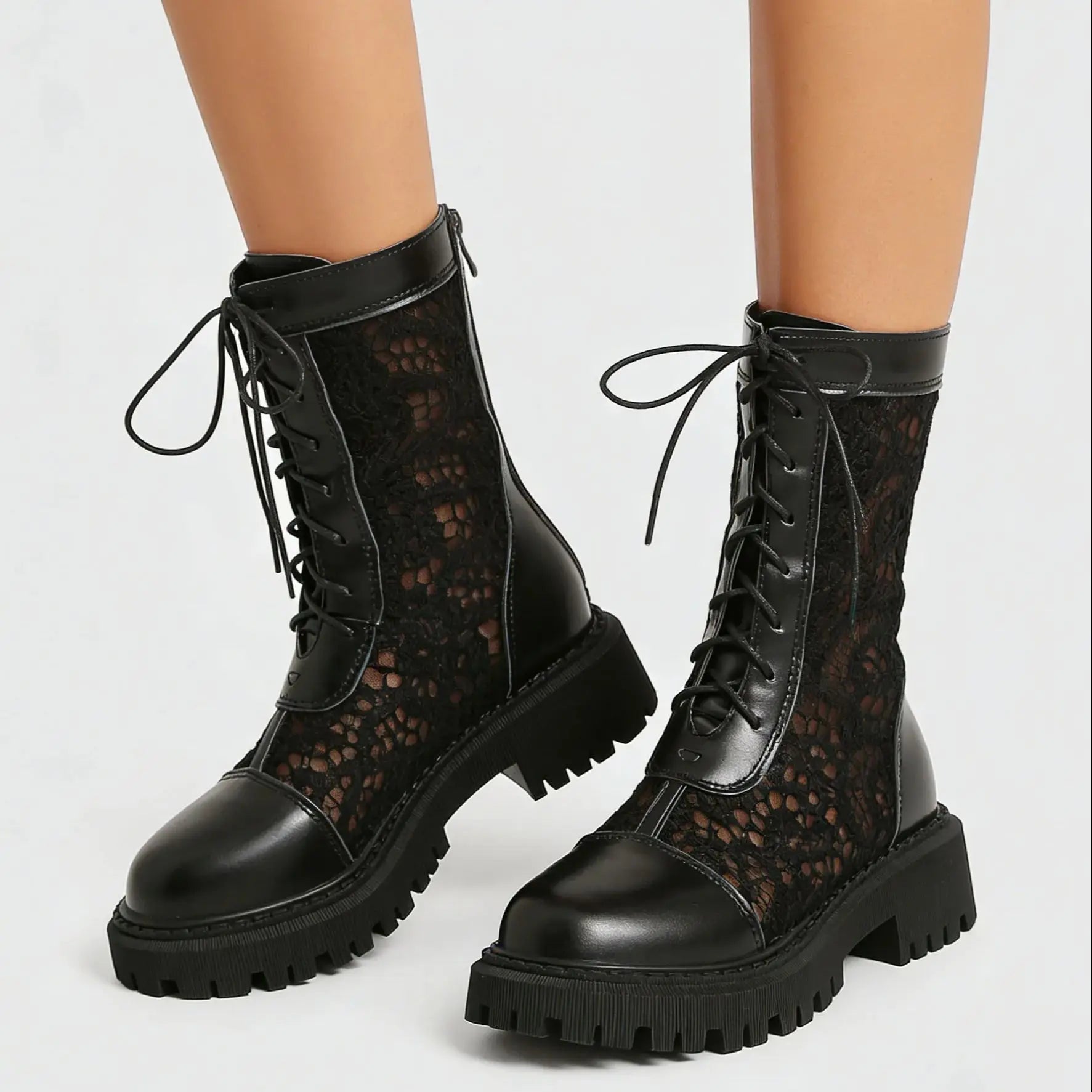2026 New Big Size 45 Chic Black Lace Mesh Summer Boots Women Round Toe Square Heels Shoelace Zip-up Mid-calf Boots Shoes
