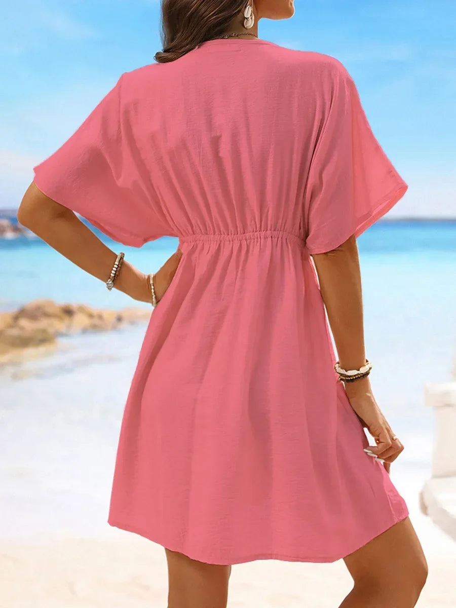 V Neck Lace Short Sleeve Tunic Beach Cover Up Cover-ups Beach Dress Beach Wear Beachwear Female Outfits Bathing kaftan for Women