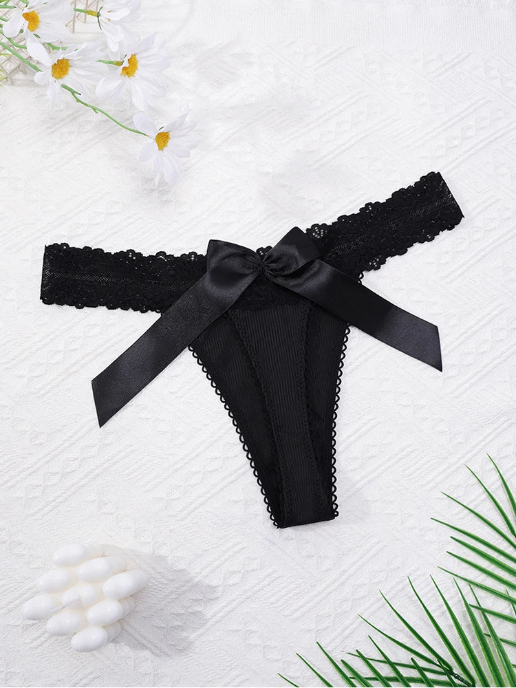 1pcs Sexy Lace Women G-string Bow Decor Elegant Lady Thongs Breathable Comfortable Sexy Lingerie Fashion Black Women Panties