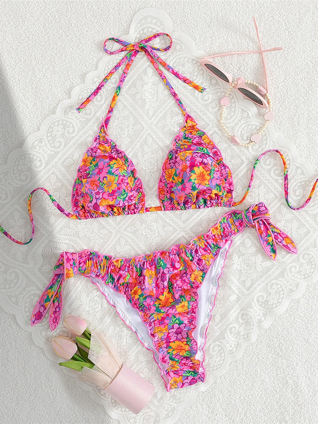 S - XL Floral Flower Printed Halter Bikini Women Swimwear Female Swimsuit Bather Bathing Suit Swim Two-pieces Bikini set K8104