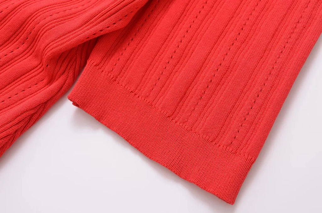 Foridol Red Knitted Polo Dress Autumn Winter Women Dress Casual Elegant Maxi A-line Hollow Out  Dress Slim Christmas Party