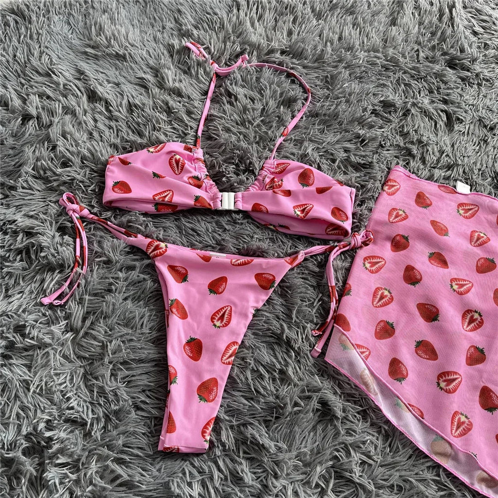 New With Sarong Printed Halter Bikini Female Swimsuit Women Swimwear Three-Pieces Bikini Set Bather Bathing Suit Swim Lady V4156