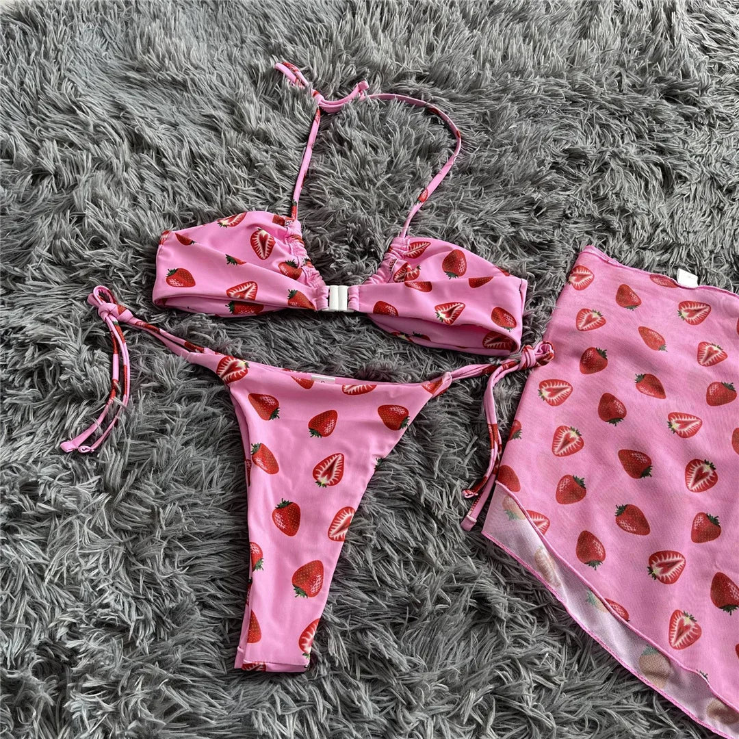 New With Sarong Printed Halter Bikini Female Swimsuit Women Swimwear Three-Pieces Bikini Set Bather Bathing Suit Swim Lady V4156