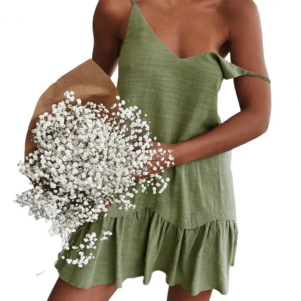 V Neck Summer Dress for Dating Women Dress Solid Color Flounce Edge Spaghetti Strap Women Party Dresses