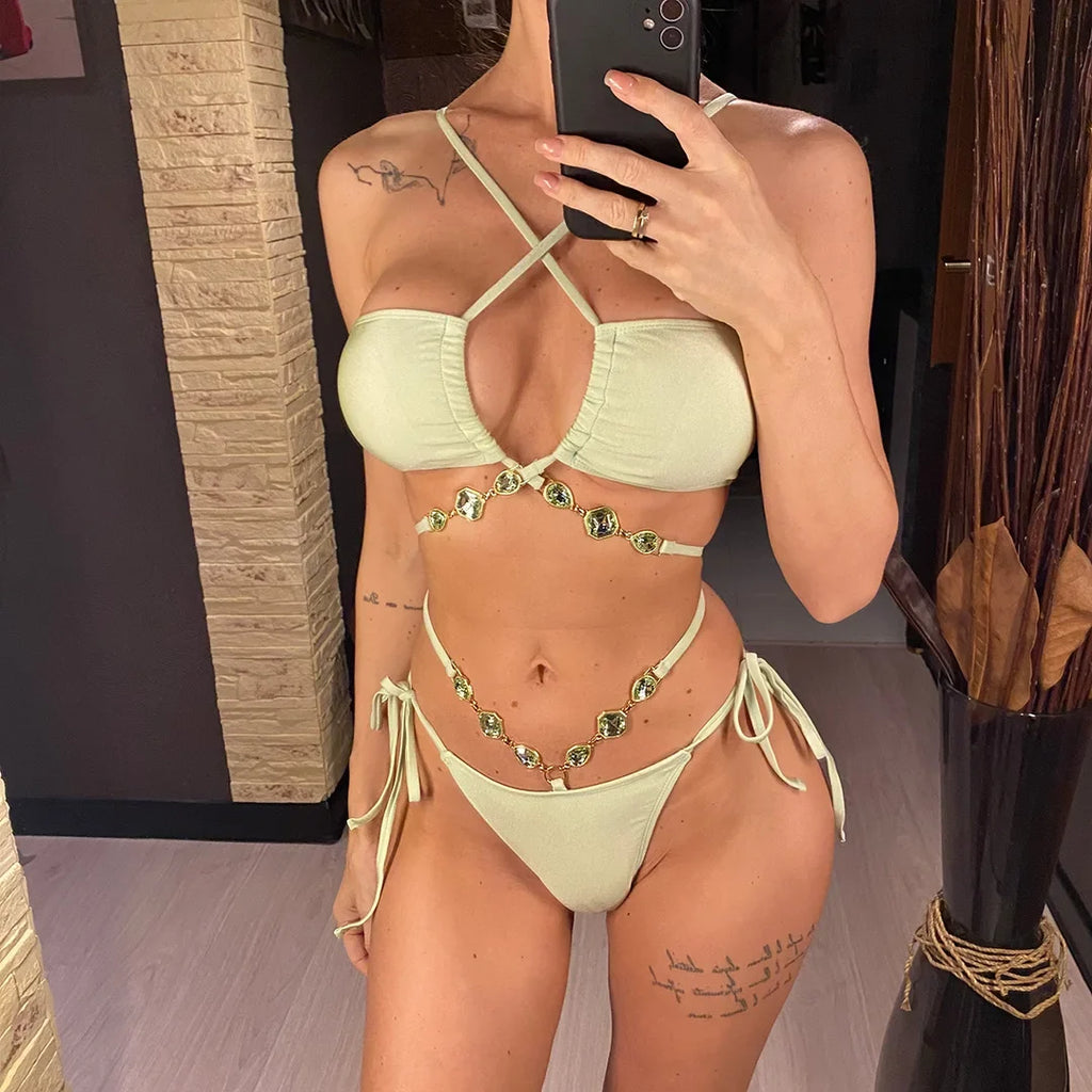 Sexy Diamond Rhinestones Wrap Around Bikini Female Swimsuit Women Swimwear Two-pieces Bikini Set Bather Bathing Suit Swim V5167
