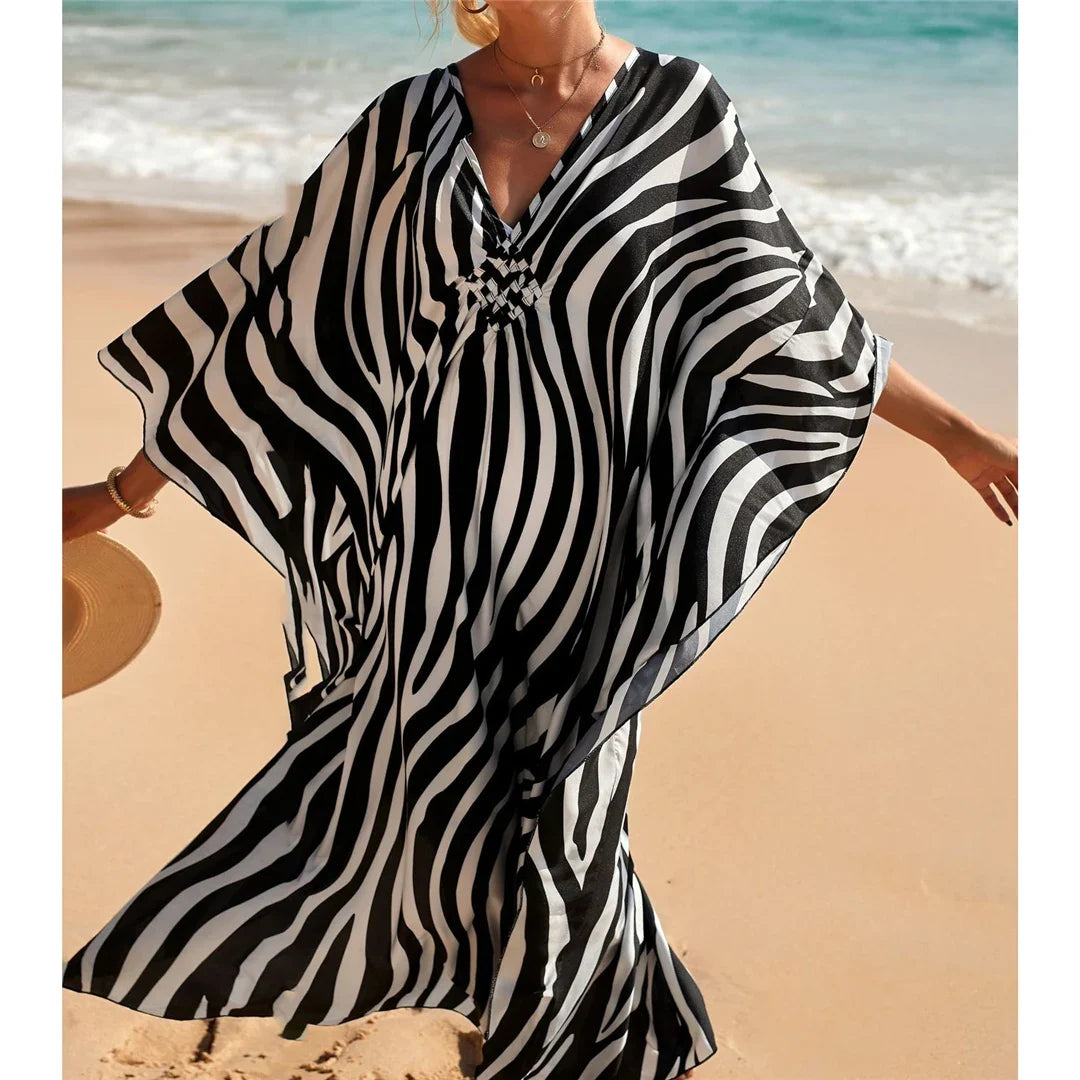Sexy Zebra Printed V Neck Tunic Beach Cover Up Cover-ups Beach Dress Beach Wear Beachwear Beach Long Dress Female Women V4159
