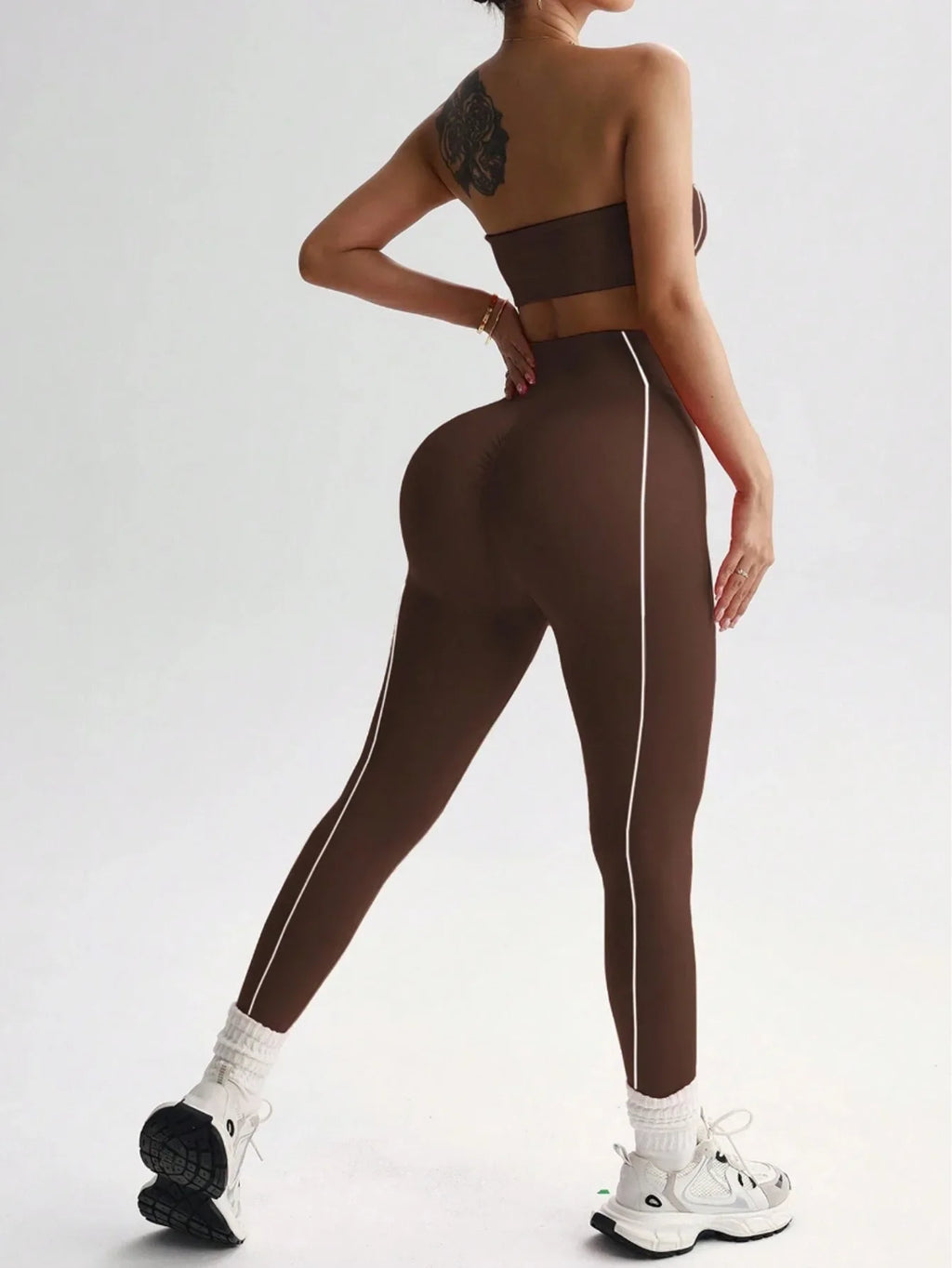 Women Strapless Bandeau Sports Bra Seamless High Waist Yoga Leggings Set Padded Workout Fitness Gym 2 Piece Outfits