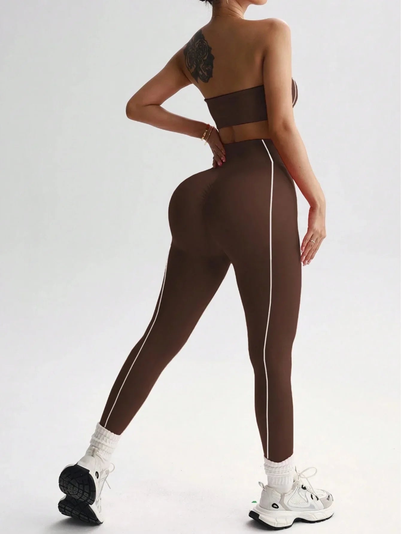 Women Strapless Bandeau Sports Bra Seamless High Waist Yoga Leggings Set Padded Workout Fitness Gym 2 Piece Outfits