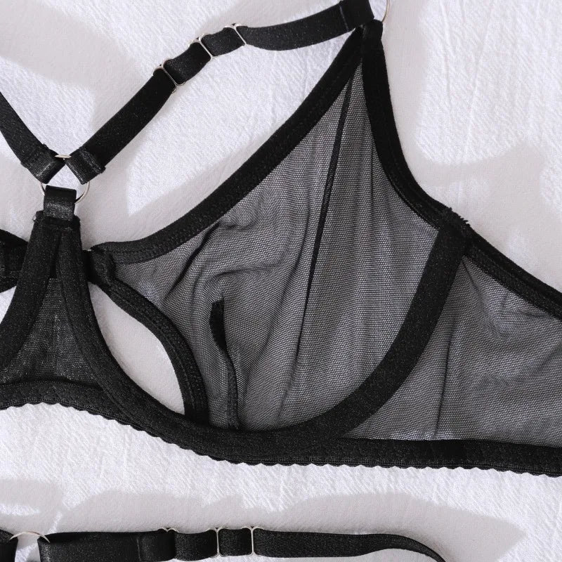 Toucheart Sexy Mesh Lingerie Split Kit with Gloves Steel Ring Laceup Patchwork Skinny See-through Hollow Interesting Private Set