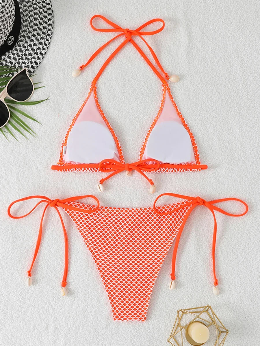 2026 Halter String Triangle Bikini Women Sexy Swimwear Female Mesh Swimsuit Solid Bathers Bathing Swimming Swim Suit Beachwear