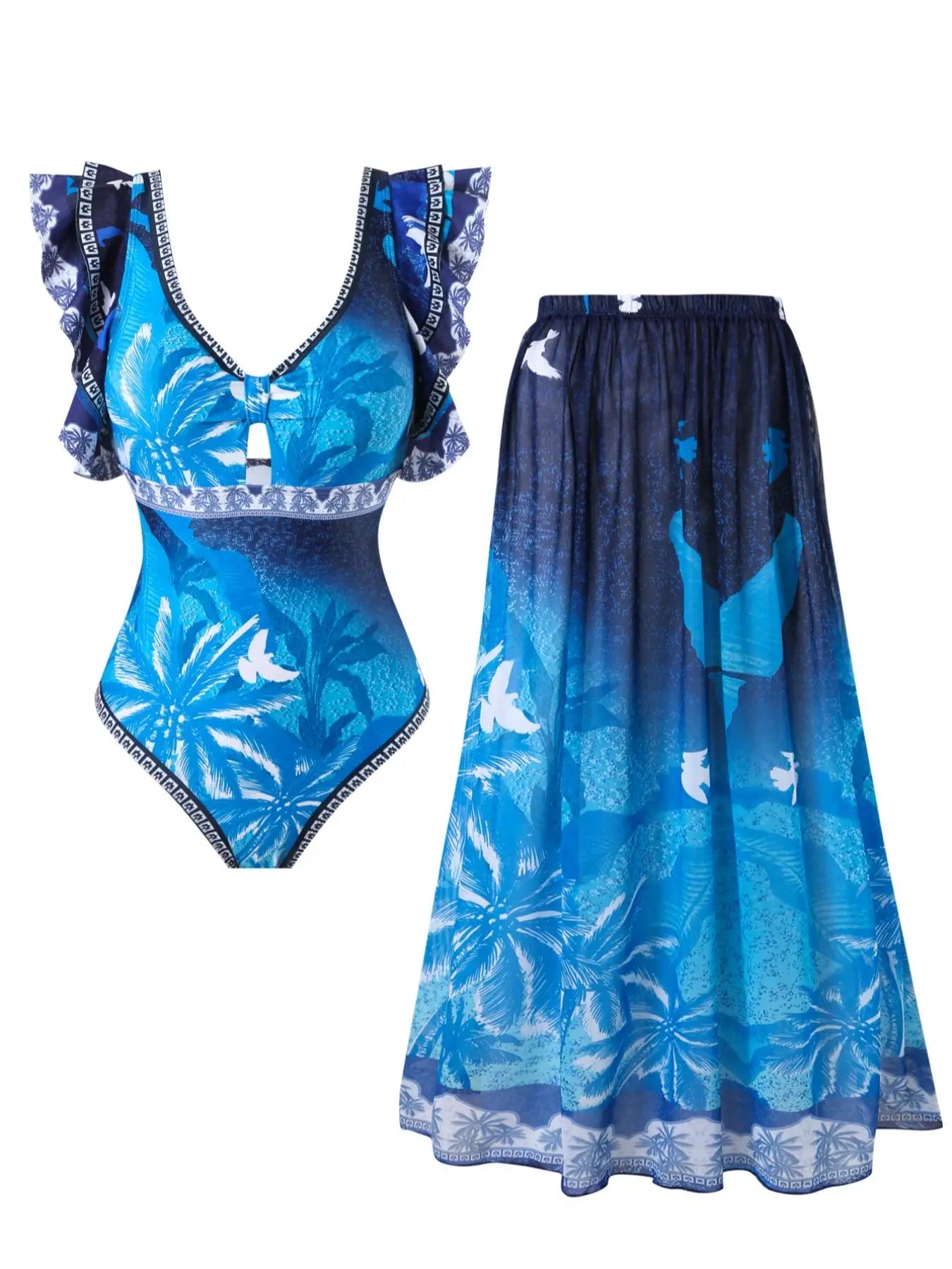 2026 Printed Swimsuit One Piece & Beach Dress Sexy Ruffle Swimwear Women Bathing Swimming Swim Suit Padded Beachwear Summer
