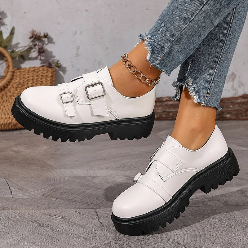 Fashion Double Buckle Platform Loafers Women British Style Thick Bottom Pu Leather Shoes Woman Comfort Round Toe Student Shoes