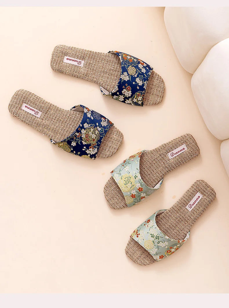 Breathable Indoor Linen Slippers For Women Men Home Floor Shoes Chinese Style Emrobidery Anti-slip Couples House Bedroom Slides