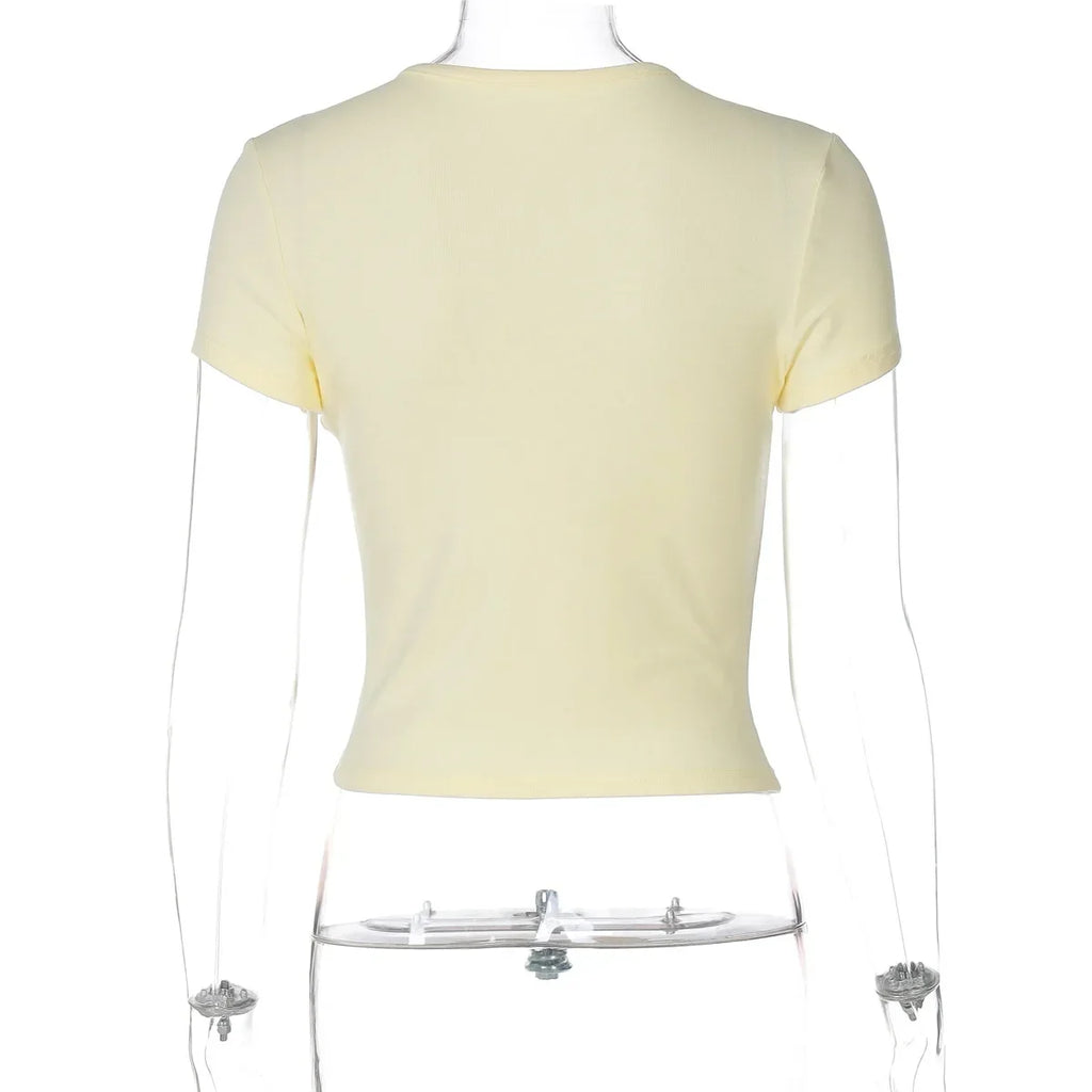 Woman Clothing Letter Print Short T-shirts Y2K Streetwear 2026 Summer O-neck Slim Fit Crop Tops Vacation Beach Tees Light Yellow