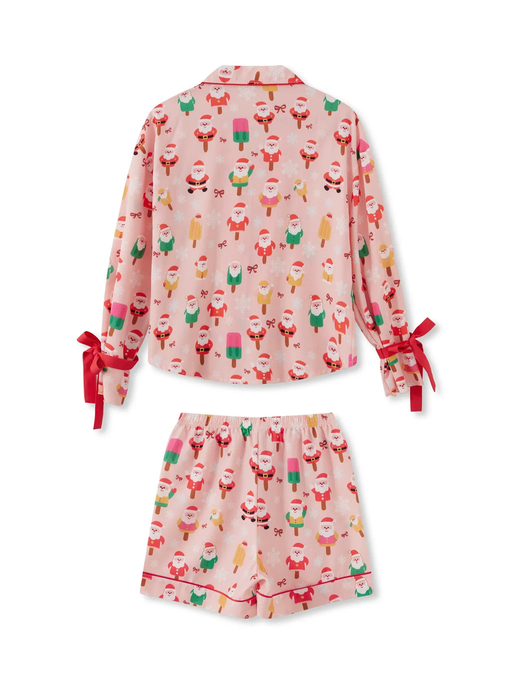 Women 2 Piece Christmas Pajama Set Santa Print Long Sleeve Button-up Tops and Elastic Waist Shorts Satin Fall Sleepwear