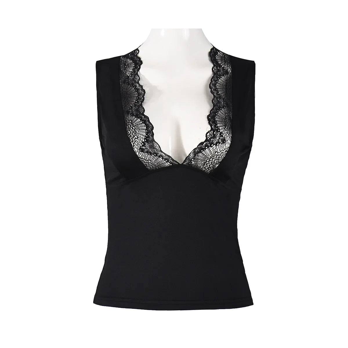 2026 Spring Summer New Arrival Elegant Sleeveless Women's Short Top Chic Fitted Lace-Panel Deep V-Neck Crop Tank Top Commute