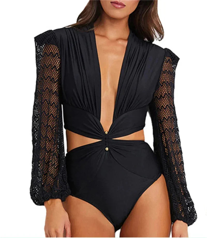 2026 New Sexy One Piece Swimsuit Swimwear Women Solid Hollow Lace Mesh Long Sleeve Deep V-neck One-piece Bathing Suit Beachwear
