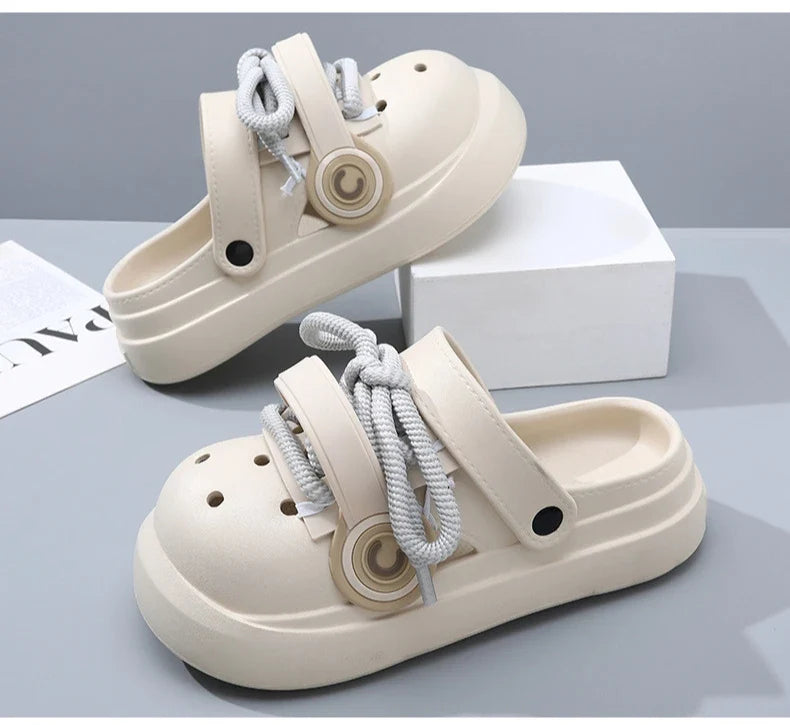 Women Summer Sandals Lace-up Style 2 Way to Wear Couples Fashion Platform Clogs Soft EVA Thick Sole Men Beach Street Slippers