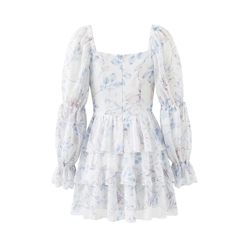 Sweet Long-sleeve Dress For Women Pleated Printed Short Women White Floral Print Mini Dress Long Puff Sleeve For Beach 96U3