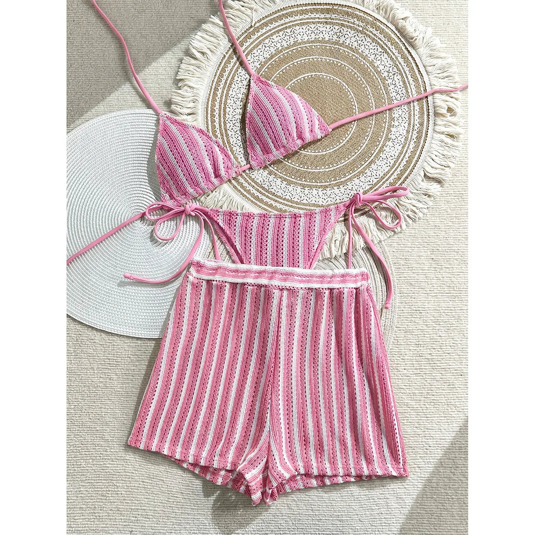 With Shorts Striped Halter Bikini Female Swimsuit Women Swimwear Three-Pieces Bikini Set Padded Bather Bathing Suit Swim V7159