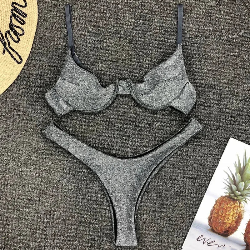 Glitter Sparkling Underwired V-Bar Bikini Women Swimsuit Female Swimwear Two-pieces Bikini Set Micro Thong Bathing Suit Swim