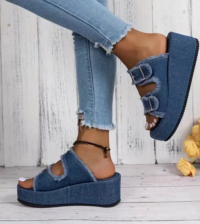 Women Denim Belt Buckle Wedge Heels Slippers Summer2026 Non Slip Thick Sole Beach Slippers Woman Fashion Buckle Platform Sandles