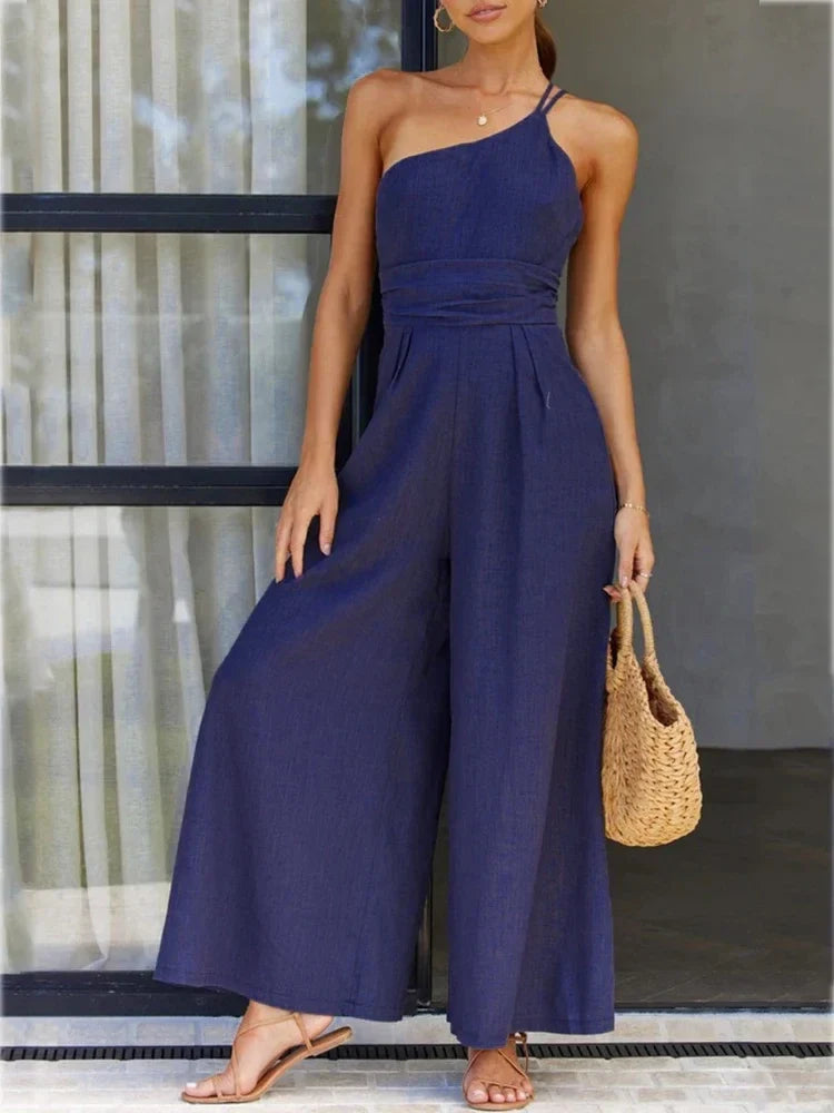 Foridol Waist Folds Backless Double Strap Casual Wide Leg Jumpsuit Long Pants Green 2025 New Female Loose  Jumpsuit