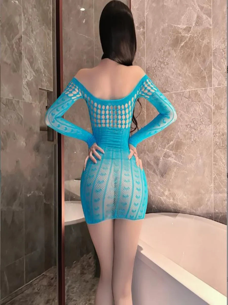 Sexy Fishnet Stockings Long Sleeve Mini Skirt Hollow Out Hip Wrap Skirt with Suspender Jacquard for Cross-border Trade