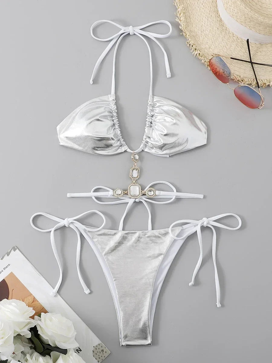 Halter Rhinestone Diamond Bikini Women Micro Thong Swimwear Female Swimsuit Two Pieces Bikini Set Satin Bathing Suit Swim Lady