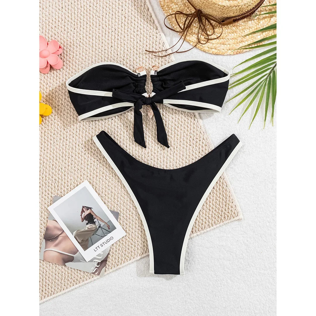 Bandeau Splicing Metal Ring Brazilian Bikini Women Swimwear Female Swimsuit Two-Pieces Bikini Set Bather Bathing Suit Swim V5651