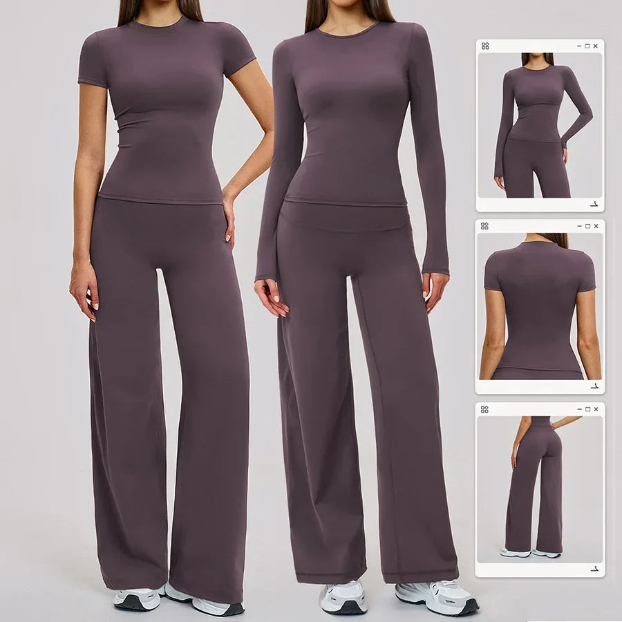 Yoga Set 2 Pieces Women Fitness Sportswear Gym Loose wide-leg pants Long-sleeved T-shirt Sports Crop Tops Tracksuit Workout Wear