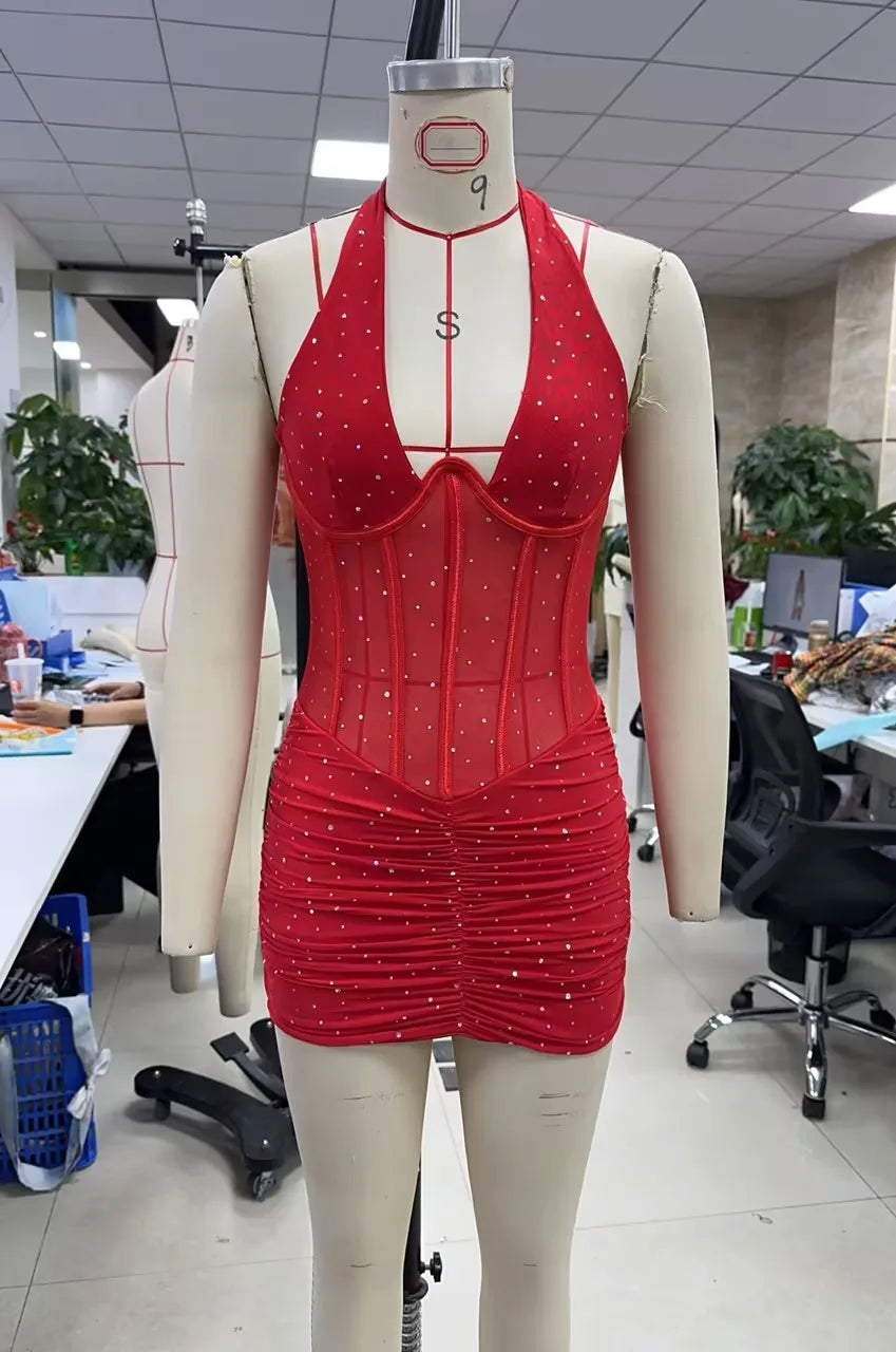 Sparkly Dotted Rhinestone Mesh Corset Dress Halter Backless Slim Ruched Hem Mini Club Dress Women Night Out Cocktail Outfit