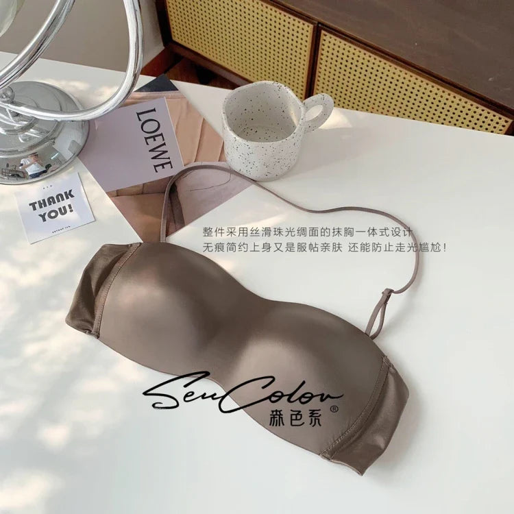 Sexy Japanese Satin Halter Bra Strapless Seamless Two-Way Wear Adjustable Comfort Back Fit Wirefree Lingerie Set S-XL MOYISU Bra