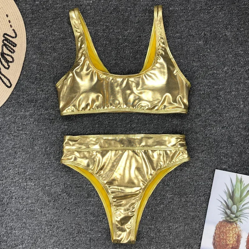 Shiny PU Faux Leather Women Swimwear One Piece Swimsuit Female Monokini High Cut Bikini Set Bathing Suit Swim Beachwear Bodysuit
