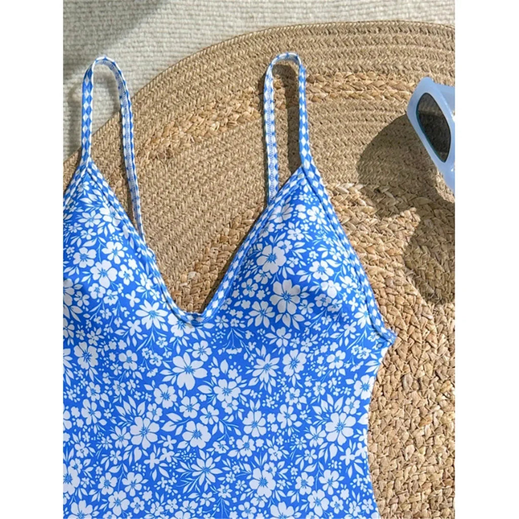 S - XL Flower Floral V Neck One Piece Swimsuit Women Swimwear Female Monikini High Cut Leg Padded Bather Bathing Suit Swim V8079