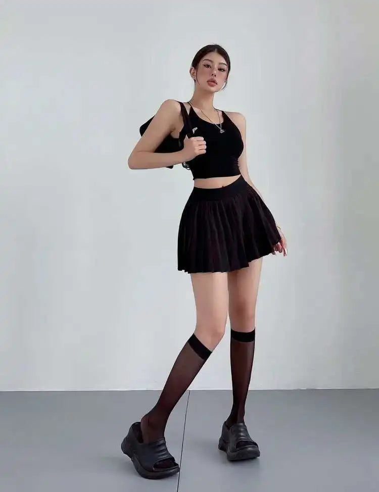 Preppy WOMENGAGA American Style Style High Waisted Slim Pleated Skirt For Women's Summer Ballet Skirt Fashion Women QI9Y