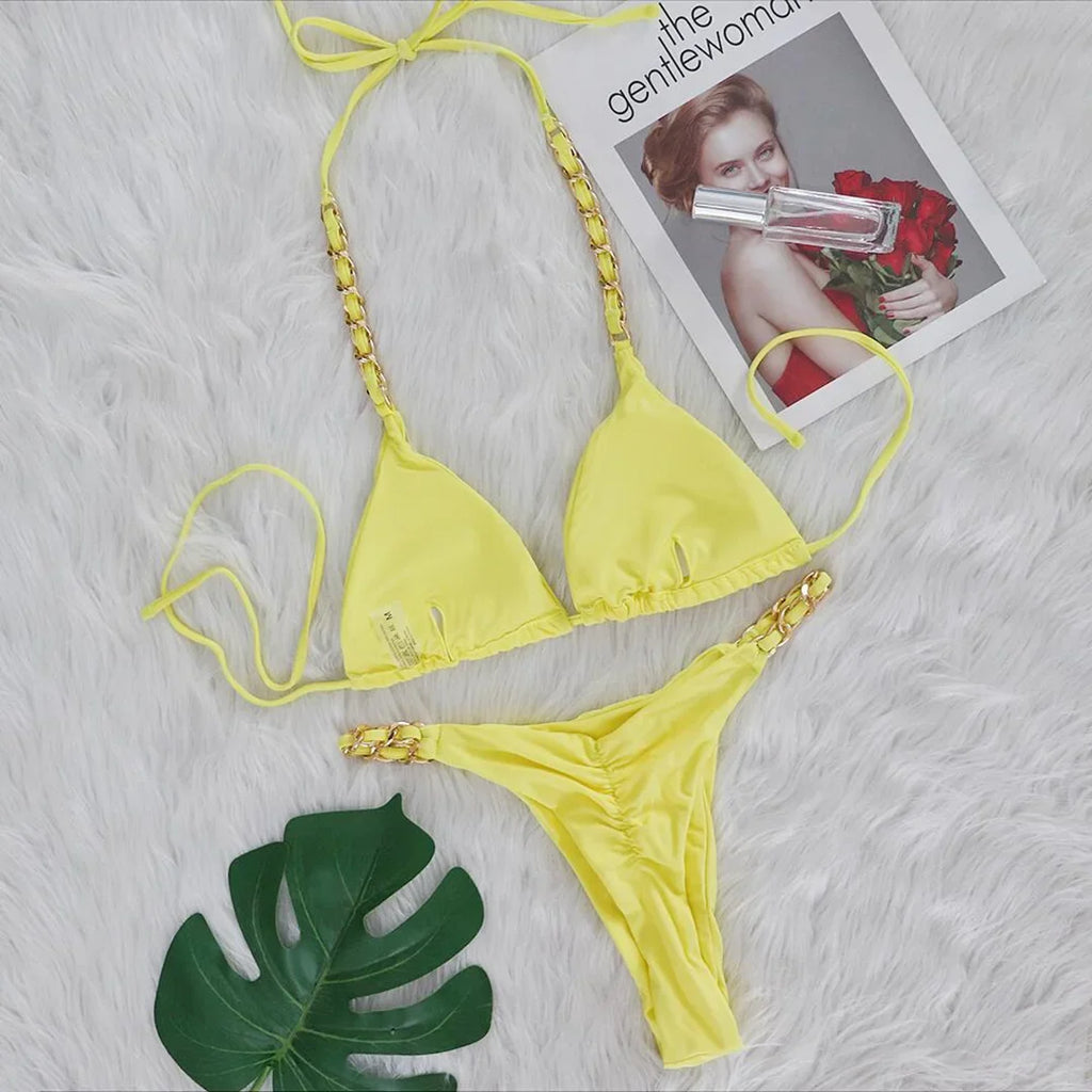 Metal Ring Halter Scrunch Butt Thong Bikini Women Swimwear Female Swimsuit Two-Pieces Bikini Set Bather Bathing Suit Swim V4391