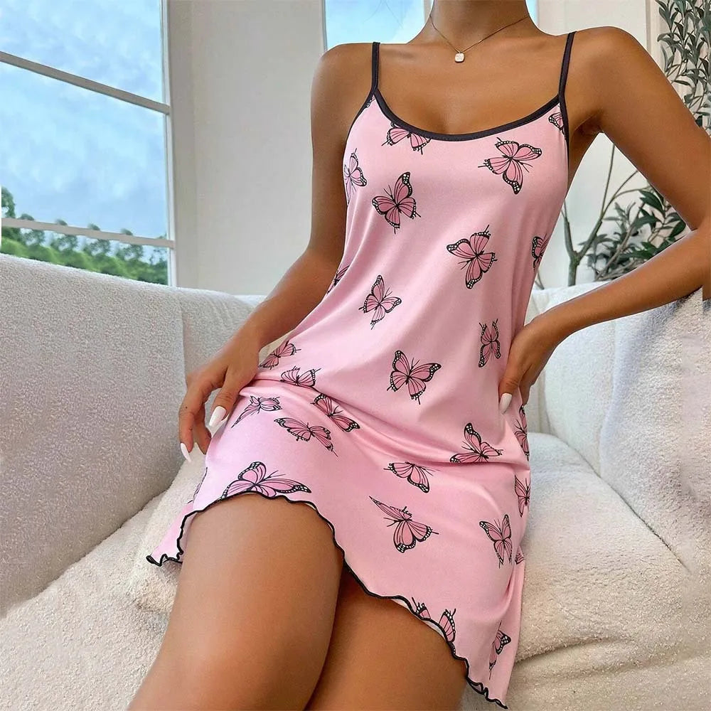 Women Butterfly Print Spaghetti Strap Nightgown Sleeveless Slim Fit Sleep Dress Soft Breathable Summer Home Loungewear