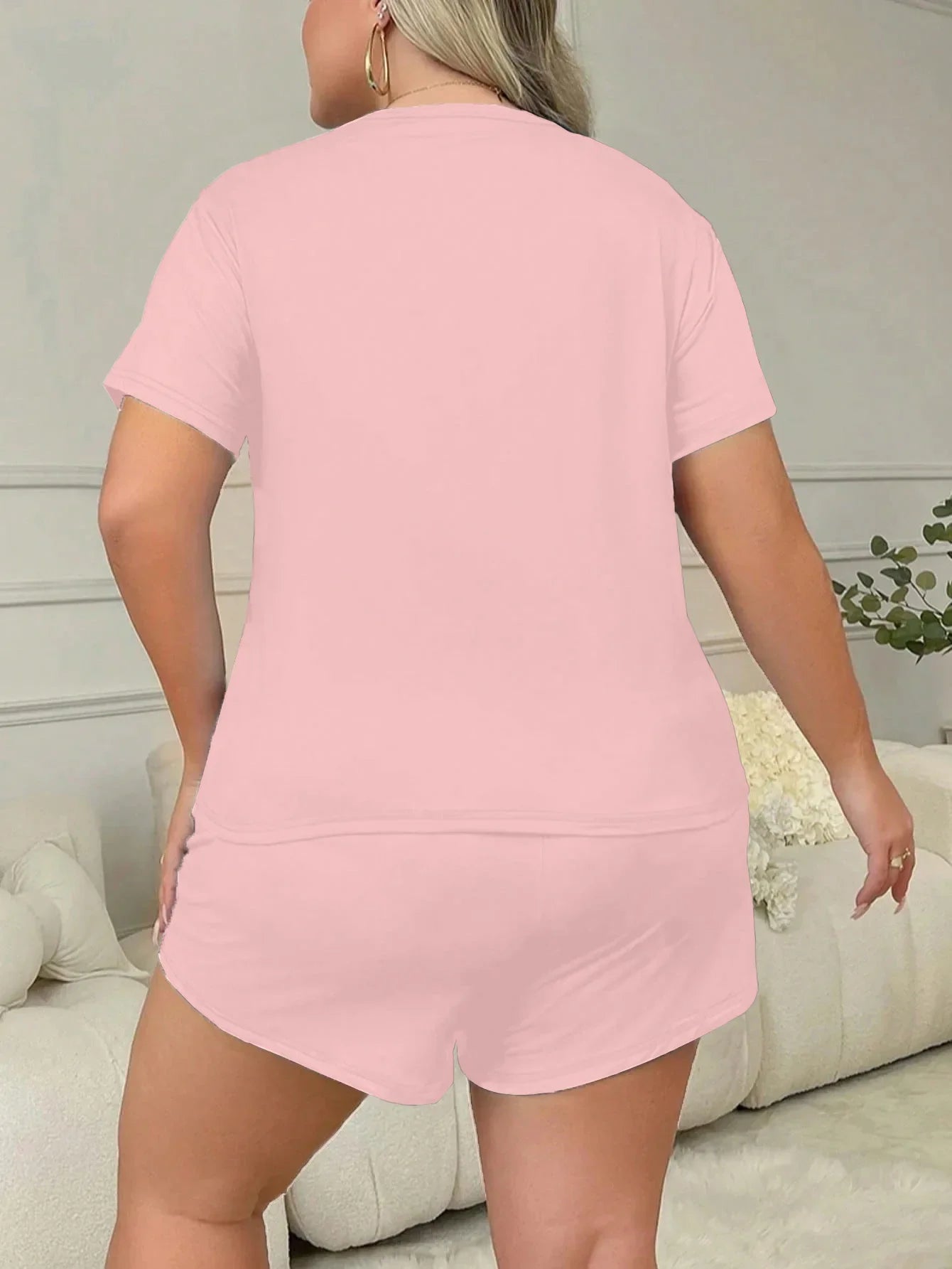 Letters Print Pajama Set Short Sleeve Tee And Elastic Shorts Plus Size Fit Women's Casual Attire Sports Wear Loungewear Homewear