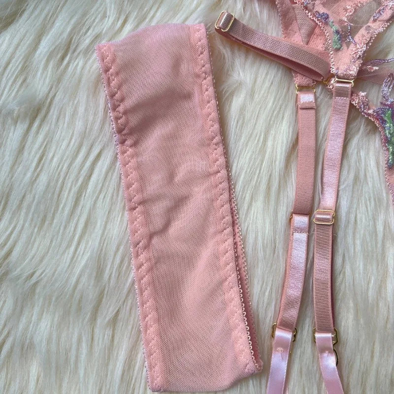 Toucheart Sexy Lingerie Embroidery Printing Bra Garters Set For Women Mesh See- Through Hollow Out Exotic Sexy Underwear Suit