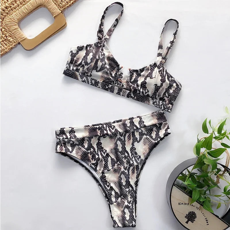 Sexy Snake Printed Female Swimsuit High Waist Bikini Women Swimwear Two-pieces Bikini Set Hollow Out Bathing Suit Swim Wear Lady