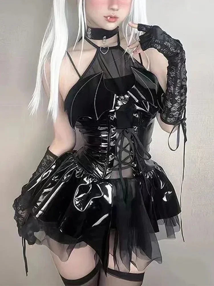 Bat Women Sexy Lingerie Devil Cosplay Costume Punk Y2k Gothic PU Leather Halter Neck Straps Bodysuit Short Mini Dress
