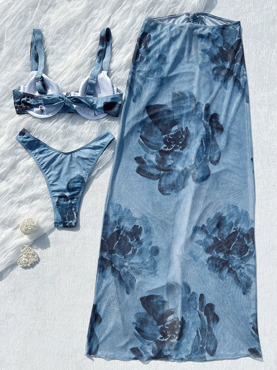 Print with Mesh Long Skirt Underwired Bikini Female Swimsuit Women Swimwear Three-pieces Bikini Set Bathing Suit Swim Beachwear
