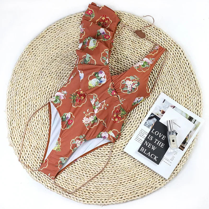 New Sexy One Piece Swimsuit Swimwear Women V-neck Multi-layer Big Ruffle High Waist Flowers Print Beachwear Bathing Suit 2026