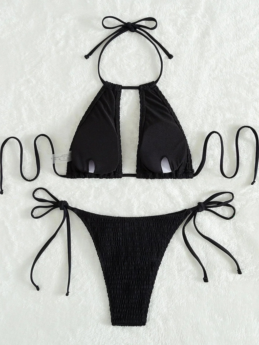 2025 Halter Tie Side Hollow Out Smocked Bikini Women Swimsuit Female Swimwear Two Pieces Bikini Set Swim Bathing Suit Beach Wear