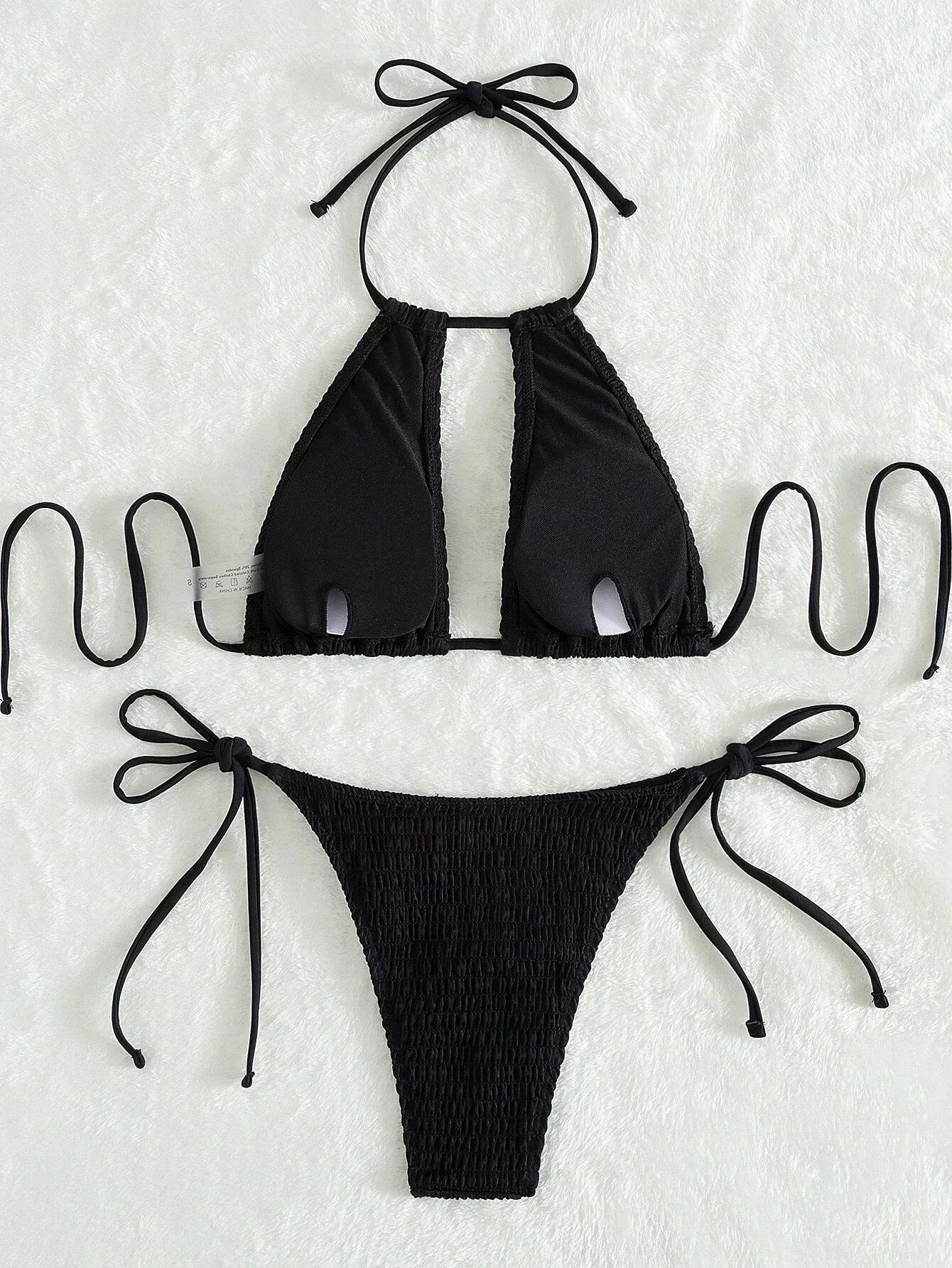 2025 Halter Tie Side Hollow Out Smocked Bikini Women Swimsuit Female Swimwear Two Pieces Bikini Set Swim Bathing Suit Beach Wear