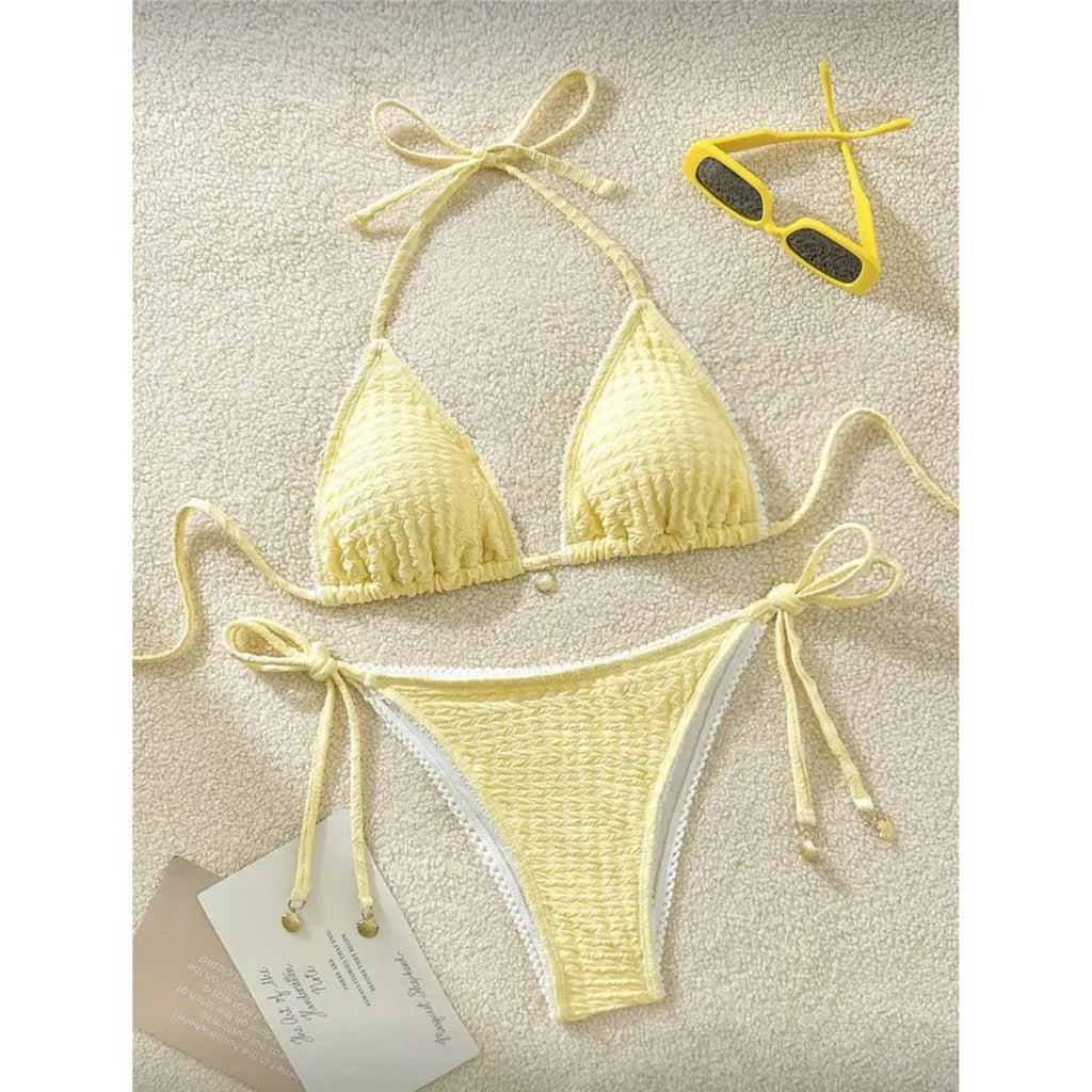 High Cut Leg Two-Pieces Bikini Set Bather Bathing Suit Swim Wrinkled Crinkled Halter Bikini Women Swimwear Female Swimsuit M125